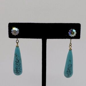 VINTAGE Aurora Borealis Crystal & Faux Turquoise Dangle Earrings